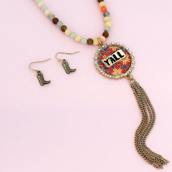 Simple Feather Boutique Jewelry - Goldtone 'Y'ALL' Tassel Necklace & Earring Set